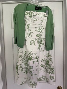 White Floral Strapless Dress with Mint Green Cardigan